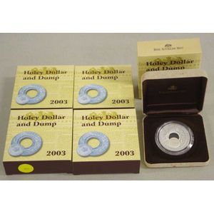Five 2003 Holey Dollar and Dump silver $1 coins RAM, proof