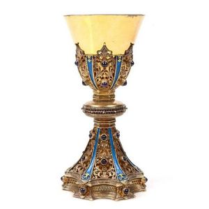 Sacrament cup. European gold gilded silver cup, set with blue…