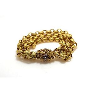 A yellow gold belcher bracelet with an amethyst clasp, Tests as…