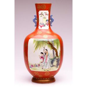 Red Chinese Twin Handled Vase - 40cm Height - Ceramics - Chinese - Oriental