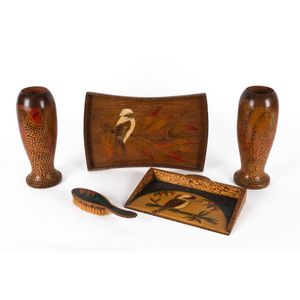 Australian poker work vases, serving tray and crumb tray with…