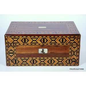 A Tunbridgeware rosewood work box, later 19th century, the box…