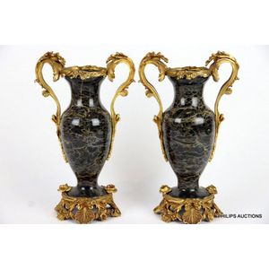 A fine pair of French ormolu mounted marble vases, late 19th…