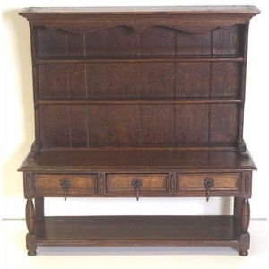 Miniature oak Welsh dresser with 3 drawers and open shelves, 32…