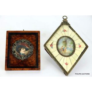 Two vintage miniature paintings, a portrait miniature roundel…
