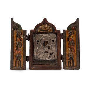 An antique Russian silver triptych icon, 18th century, 17 cm…
