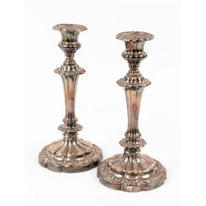 A pair of Sheffield Plate candlestick holders 28 cm high