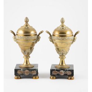 Pair 19th century French brass mantle urns, two handled vase…