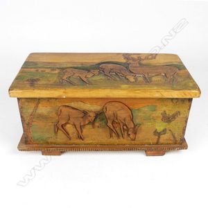 A Jane Brenkley carved wood 'Friendship' box, the hinged lid…