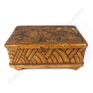 A Jane Brenkley Maori carved wood trinket box, the hinged lid…