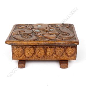 An early Jane Brenkley carved wood box, the lid hinged with…