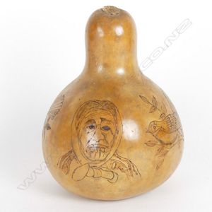 A Jane Brenkley pokerwork decorated gourd, with two portraits…