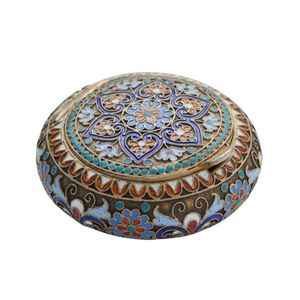 A Russian silver 84 cloisonne enamel round box, by Gustave…