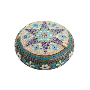 A rare Russian silver-gilt 84 cloisonne enamel round box,…