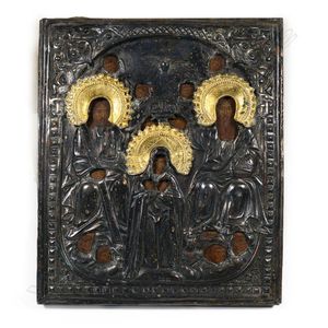 A decorative Russian icon with repousse silver plate oklad, the…