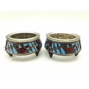 Russian salt cellars, pair of silverplate with red and blue…