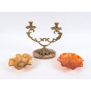 An Italian two branch candelabra, plus two carnival glass bowls,…