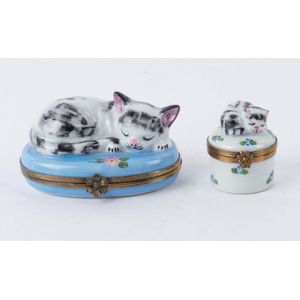 Limoges enamel trinket boxes with sleeping cat decoration, 20th…