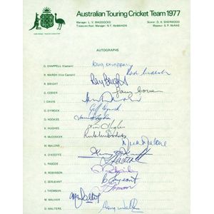 1977 Australian Team to England, official team sheet with 17…