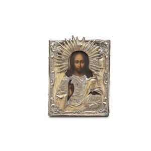 An Orthodox icon of Christ Pantocrator in repousse, chased and…