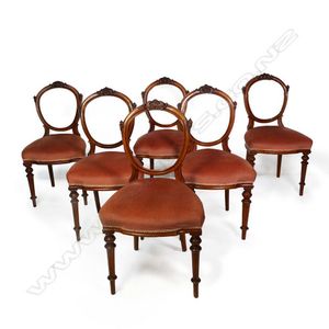 Lot - SET OF SIX LOUIS XVI STYLE CARVED WALNUT UPHOLSTERED DINING CHAIRS;