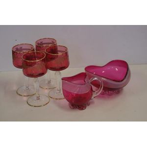 Set of 12 Antique Cranberry Red and Clear Crystal Engraved Cordial