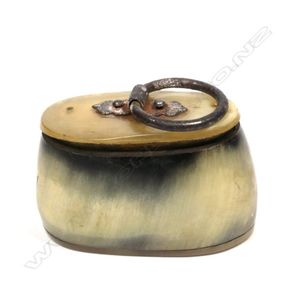 A 19th century horn snuff box, primitive construction, oval…