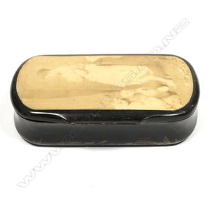 A 19th century papier-mache snuff box, rectangular form, the…