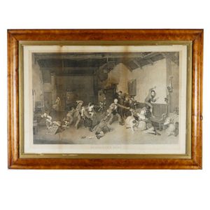 Two Victorian birds-eye maple frames, each with old etchings,…