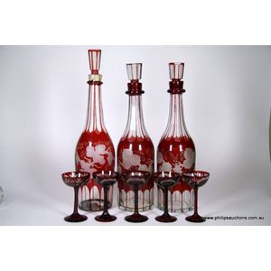 Bohemian Glass Decanter & 6 Matching Wine Glasses Red Cut back to