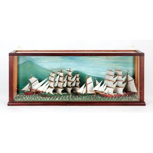 A Victorian painted diorama, English 19th century; four ships…