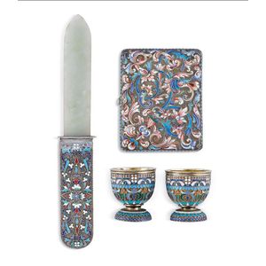 A Russian silver and cloisonne enamel paper knife, cigarette…