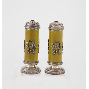 Cased pair of Faberge silver & enamel pepperette by Julius…