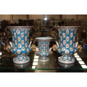 Antique French porcelain, garniture urns with smaller example,…