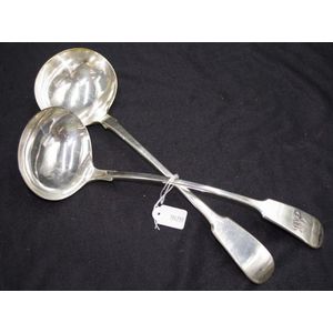 Good pair silver plated soup ladles, one ladle with monogram,…
