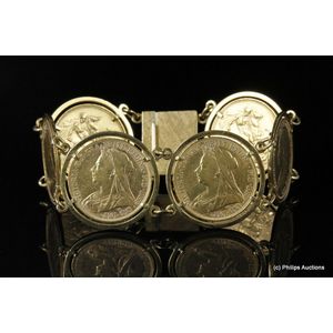A gold full sovereign bracelet featuring six coins, 18ct yellow…
