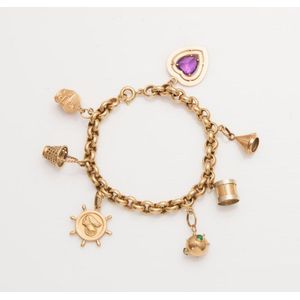A charm bracelet, the 18ct yellow gold belcher link bracelet…