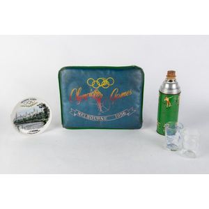 Olympics group, noted 1956 cushion, scarf, tea-towel & plate;…