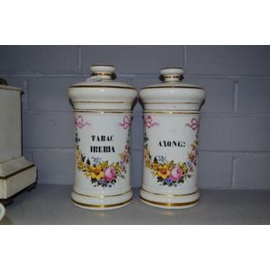 Pair of antique French porcelain chemist jars, decorated with…