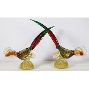 Pair of Murano glass rooster figurines in red and green tones…