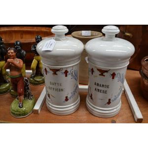 Two antique French porcelain chemist jars 'Amande Amere' &…