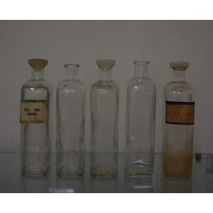 Five Apothecary / Pharmaceutical bottles, three with stoppers,…