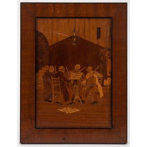An antique marquetry panel of a quartet, early 20th century, 31.…
