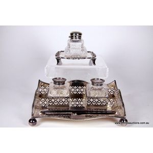 Two Victorian ink well sets, silver plate & sterling silver.…