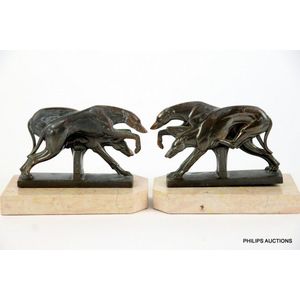 A pair of Art Deco spelter greyhound book ends, circa 1920s,…