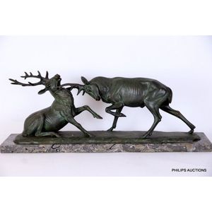 A spelter stag group by Irenee Rochard (1906-1984), circa 1920s,…