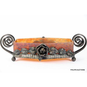 A French Art Deco pate de verre bowl in an iron work stand,&hellip;