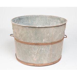 A pair of large circular zinc planters with twine handles,…