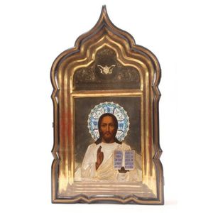 Russian icon, depicting Christ Pantocrator with enameled halo…