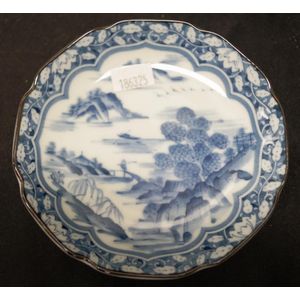 Japanese blue & white decorated ceramic dish painted bridge…